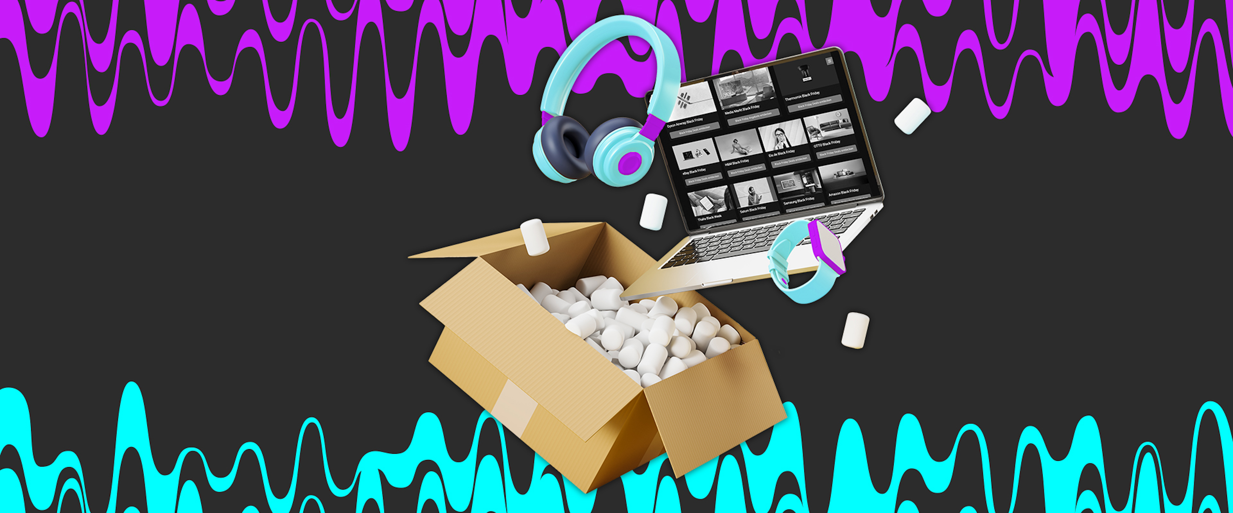 Ein Paket, drum herum ein Laptop und Kopfhörer