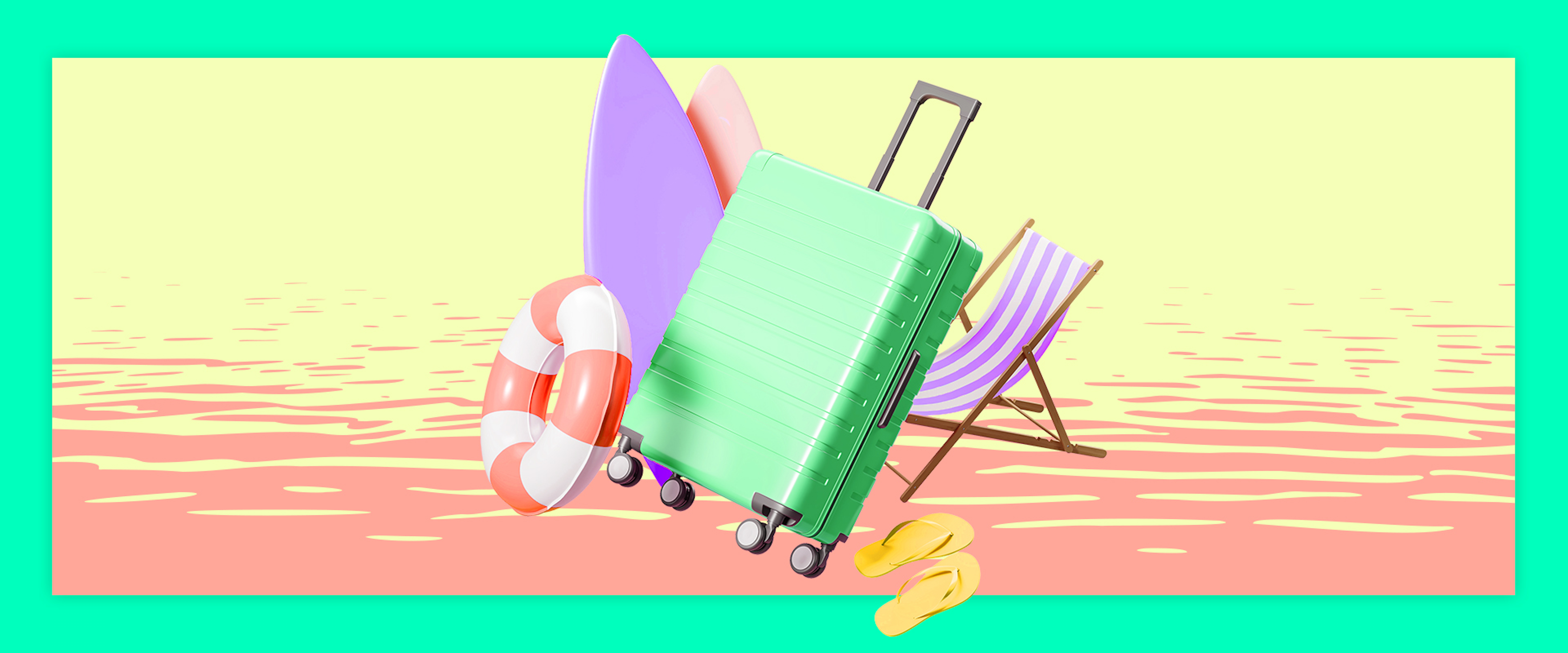 Ein Koffer, ein Surfboard, ein Schwimmring, ein Liegestuhl und Flip Flops
